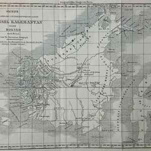 1840 Antique map of Kalimantan Island / Borneo / Indonesia, Malaysia and Brunei / Oceania original 19th century - Rienzi / Duvotenay