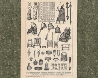 Estampe originale de 1893 représentant des artefacts mésopotamiens anciens : bijoux assyriens, antiquités cunéiformes, lithographie, art mural pour musée d'histoire ancienne