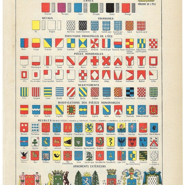 1922 BLASON, heraldische schilden, adel - Larousse originele antieke print - Vintage Franse illustratie - decoratie, sloop