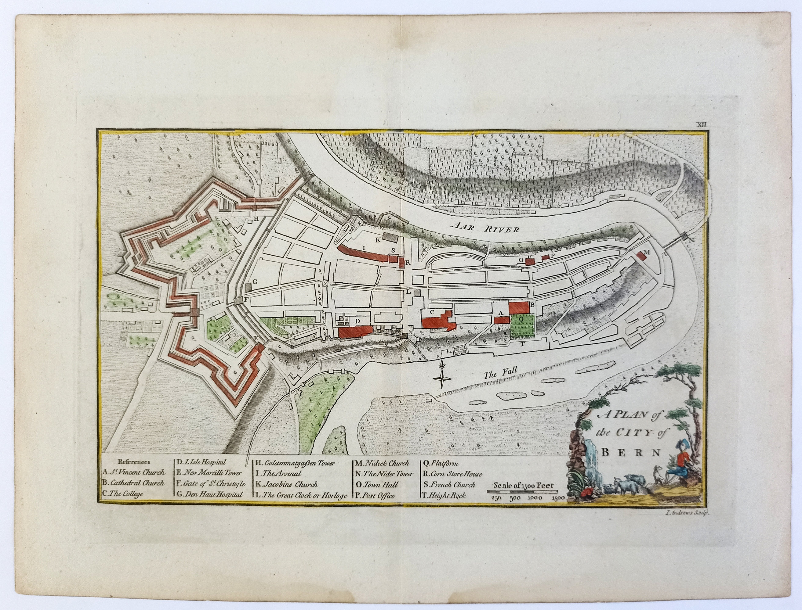 1771 City of BERN. Switzerland Antique Map. Antique Hand Colored