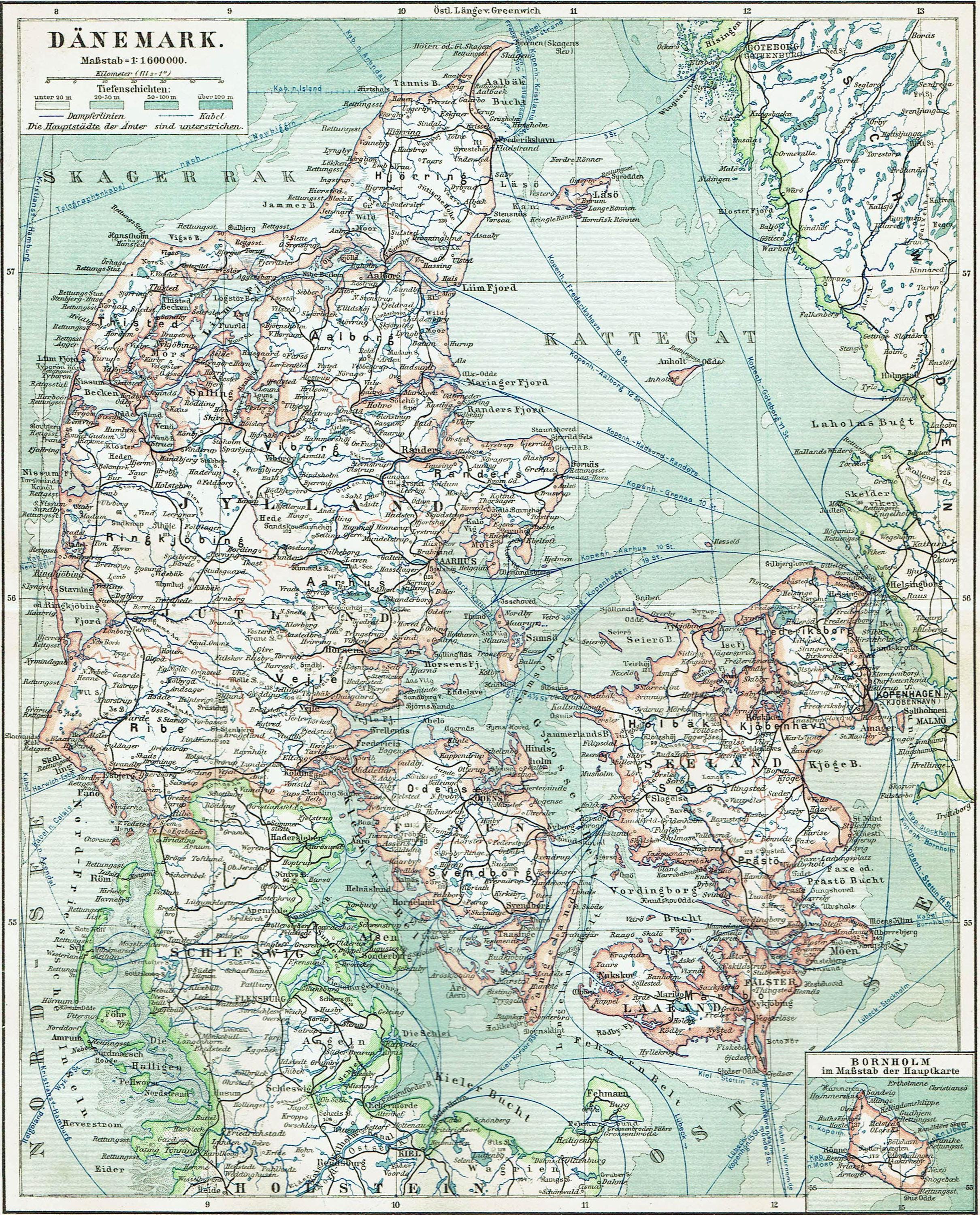 1903 Vintage Denmark Map Antique Map of Denmark and Bornholm Old World ...
