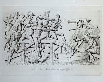 May include: A black and white engraving depicting a military scene. Soldiers are firing muskets at a cannon and other soldiers. The text "Le 9 Octobre, Gunzburg est attaque & pris" is at the bottom of the image.