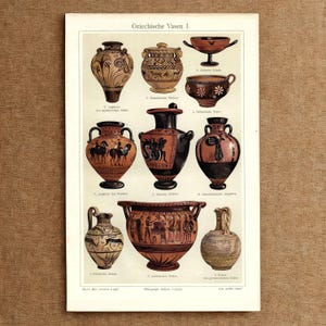 Op de afbeelding: Een vintage-stijl print getiteld Griechische Vasen I, met negen gedetailleerde illustraties van antiek Grieks aardewerk in zwart, terracotta en crèmetinten. Elke vaas is genummerd en gelabeld met Duitse tekst, met diverse vormen zoals amforen, hydria's en kraters met complexe geometrische en figuratieve patronen.
