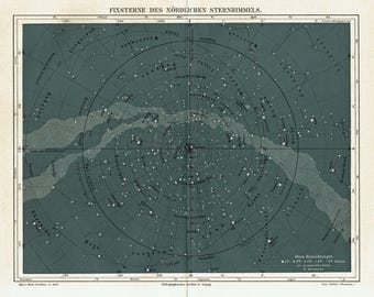 1893 Antique Star Chart Print Northern Celestial Hemisphere Constellations Original Astronomy Lithograph Milky Way & Zodiac Constellations