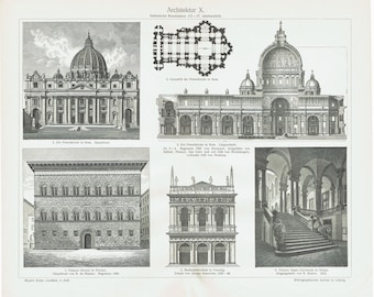 Peut inclure: Une illustration en noir et blanc de diverses structures architecturales de la Renaissance. L'image comprend la façade de la basilique Saint-Pierre de Rome, un plan de la basilique, une vue de l'intérieur de la basilique, un palais à Florence, un bâtiment à Venise et un bâtiment à Gênes. Le texte "Architektur X. Italienische Renaissance 15-17 Jahrhundert" est en haut de l'image.