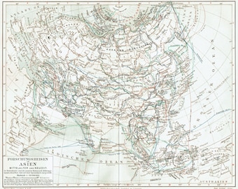 Antike Asienkarte von 1903 – Vintage-Reisekarte Asiens – Antike Asien-Expeditionskarte – Wanddekoration – Geschenk für Asienliebhaber