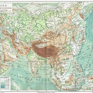 1903 Antique Map of ASIA Vintage Asia Map Antique Physical Asian Map Wall Art Wanderlust Gift Home Decor Asia Lovers Gift