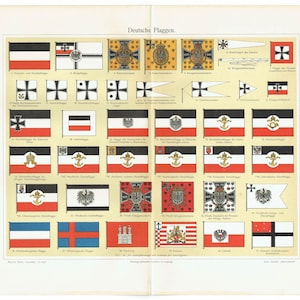 1903 Antique lithograph of GERMAN HISTORIC FLAGS and banners. Flags of German Empire. Germany. Militaria. Heraldry.  Military model collect
