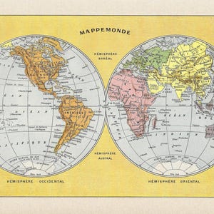 1922 Vintage World Map Antique Hemispheres Illustration Globe Wall Art Geography Decor Collectible Educational Print Historic Cartography