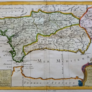 1787 SPAGNA Antica mappa Incisione su lastra di rame Colorata a mano Mappa degli amanti della Spagna Stampa del XVIII secolo Andalusia Granada Murcia Regni 237 anni fa