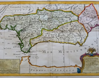 1787 SPAIN Antique Map Copperplate Engraving Hand Colored Spain Lover Map 18th Century Print Andalucía Granada Murcia Kingdoms 237 Years old