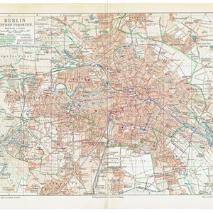 1903 BERLIJN met de buitenwijken, Duitsland. Antieke stadsplattegrond. Vintage stadsplattegrond. Stadsplattegrond van Berlijn. Muurkunst met stadsplattegrond. Berlijn cadeau. 122 jaar oud