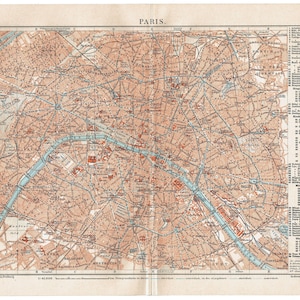 May include: Antique map of Paris, France, showing a detailed street plan in brown and beige, with the River Seine in blue. The word "PARIS" is at the top. Includes a list of locations on the right side.