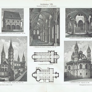 1897 ROMANesque ARCHITECTURE, antique engraving from the 19th century - art print - Monastery in Maulbronn, Church of the Apostles in Cologne