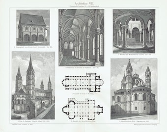 Może przedstawiać: Czarno-biała ilustracja różnych stylów architektonicznych z okresu romańskiego. Obraz przedstawia kościół, klasztor i rzut poziomy kościoła.
