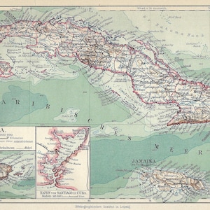 Op de afbeelding: Een vintage kaart van Cuba, met een schaal van 1:3.000.000. De kaart toont de kustlijn van het eiland, belangrijke steden en rivieren. De kaart is gedrukt in tinten groen, blauw en bruin.