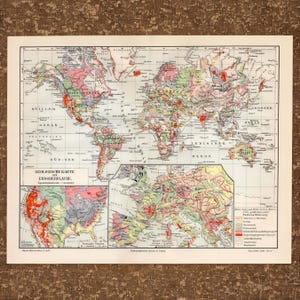 Puede incluir: Un mapa geológico antiguo del mundo impreso en papel, que presenta un gran mapa central del mundo con mapas insertados más pequeños de los Estados Unidos y Europa Central. El mapa utiliza varios colores para denotar formaciones geológicas.