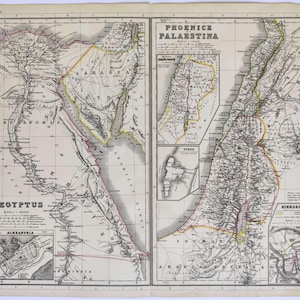 1869 Antique Palestine Map Vintage Egypt map Ancient Egypt Map Plans of Alexandria and Tyre City Israel Tribes Map Phoenician, Libanon