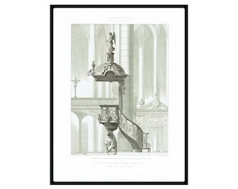 1862 Antique French Architectural Print Steel Engraving Original Architecture Wall Art French Print for Gift Paris Church's Pulpit