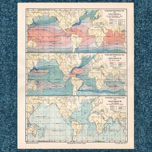 Peut inclure: Une impression de carte éducative vintage présentant trois graphiques de température des océans mondiaux intitulés WÄRMEVERTEILUNG IM WELTMEER. Les cartes utilisent des isothermes codées par couleur en rose, bleu et vert pour illustrer la chaleur.