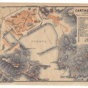 1913 SPANIEN CARTAGENA Antike KARTE Vintage Stadt Karte Spanische Stadt Straßenkarte Stadtplan Wandkunst Fernweh Geschenk Idee Spanien Karte