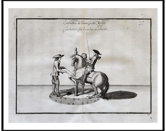 1700 Antique Riding School Print Horse Copperplate Engraving Equestrian Exercises Illustration William Cavendish Artwork Over 300 Years Old