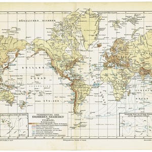 Puede incluir: Antigua mapa del mundo con detalles geográficos, incluyendo continentes, océanos y líneas de cuadrícula. El mapa está impreso en papel envejecido, con texto en alemán. Muestra la distribución de terremotos y volcanes.