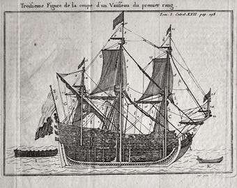 1735 Antique Ship Engraving Nautical Print Historic WarShip Wall Decor Maritime Art Coastal Wall Art Vintage Artwork Office Decor