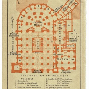 1913 CATTEDRALE DI GRANADA Pianta Stampa architettonica Chiesa spagnola Mappa antica Stampa di architettura d'epoca Mappa della cattedrale spagnola Arte murale