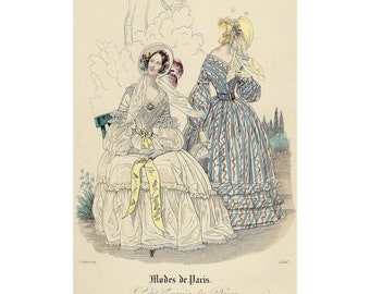 1839 Impresión de MODA DE PARÍS, litografía antigua de moda, estampa original francesa, moda de verano, coloreada a mano,