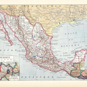 1922 MEXIKO Original Antiker Druck Vintage Karte von Mexiko Karte Larousse Druck Mexikanische Kultur Wandkunst für Geschenk