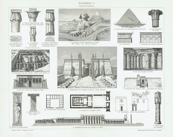 Może przedstawiać: Czarno-biała ilustracja różnych elementów architektonicznych ze starożytnego Egiptu, w tym piramidy, kolumny i świątynie. Obraz zawiera tekst w języku niemieckim, opisujący różne elementy.
