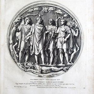Stampa antica del 1690. Acquaforte italiana originale del XVII secolo. Opera d'arte romana raffigurante l'Arco di Costantino. Arte murale dell'antica Roma. Stampa raffigurante una caccia al leone.