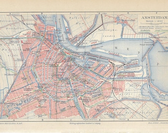 アムステルダム地図 1884年、オランダ、アムステルダムの古地図、最大