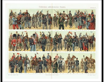1903 Vintage Armies Uniforms Print Antique Military Illustration Historical Soldier Poster European Army Chart Militaria Collection Art