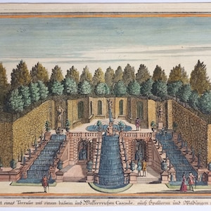 1720 Antique print, Original hand colored engraving 18th century German etching, Schleißheim Palace Gardens project - Math. Diesel