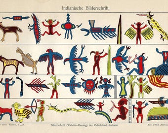 1897 Pictorial Writing of the Ojibwe Indians (Wabeno Songs). Native Americans Print. Original Antique Lithograph. Ethnology. Antropology