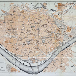 1913 SIVIGLIA, Siviglia, Spagna, antica mappa della città. Stampa di guida turistica vintage. Idea regalo per viaggiatori. Mappa di una città spagnola. Mappa della città da parete.