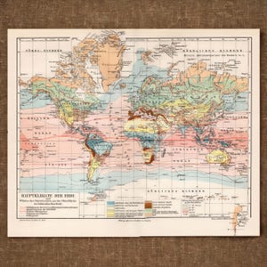 Op de afbeelding: Een vintage wereldkaart getiteld Hauptklimate der Erde, met kleurgecodeerde klimaatzones over continenten en oceanen. De kaart bevat rasterlijnen, breedtegraadmarkeringen en een gedetailleerde legenda onderaan die de temperatuurbereiken uitlegt.