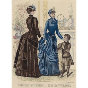 Impresión de moda parisina de 1883. Impresión de moda victoriana vintage. Obra de arte coloreada a mano. Impresión de moda del siglo XIX. Arte mural de moda femenina.