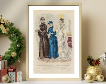 Estampado antiguo de moda parisina de 1883, arte mural victoriano vintage, ilustración coloreada a mano para decoración femenina.