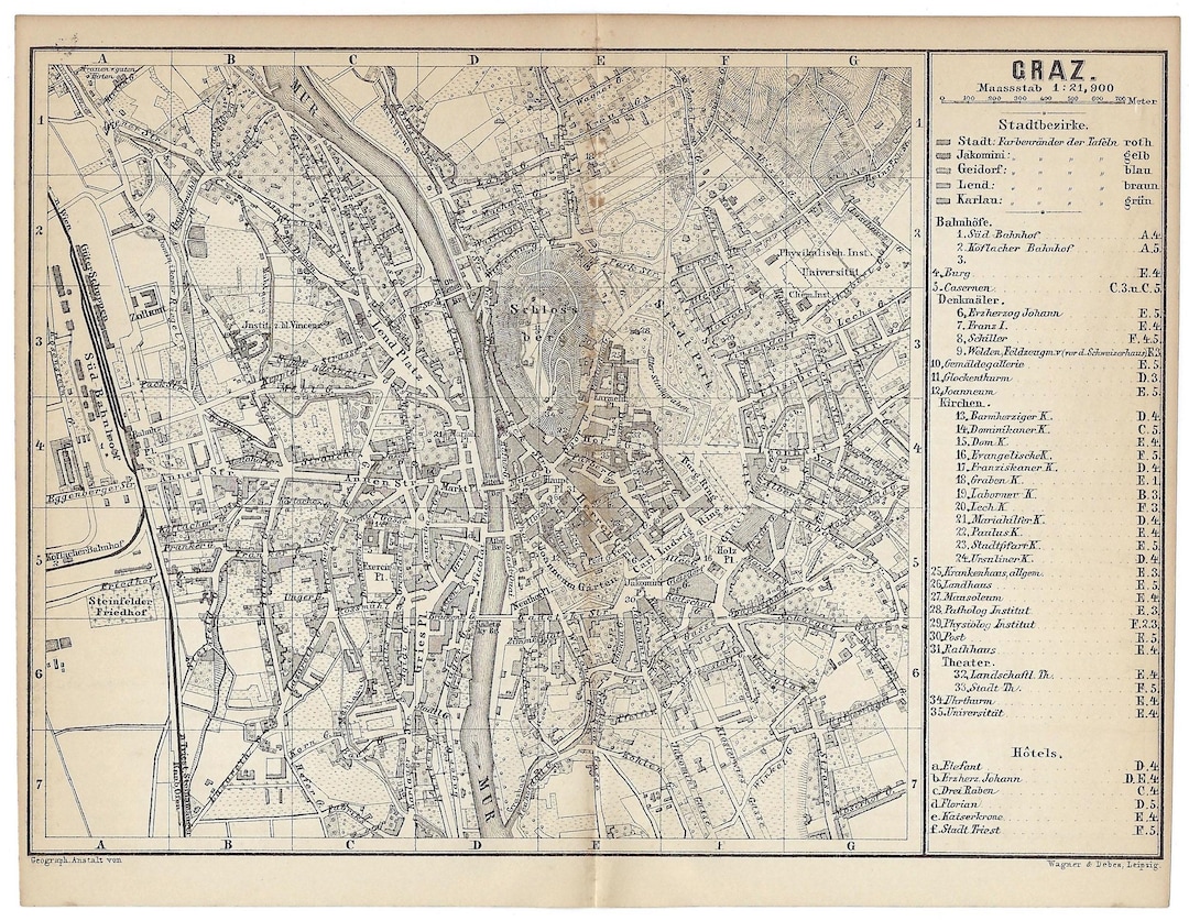 1883 GRAZ Antike Karte Vintage Stadt Karte Österreich Wand Kunst Österreich  Druck Wanderlust Geschenk Vintage Karte Reiseführer Österreich-Ungarn