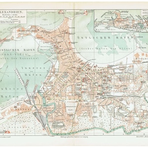 Stadsplattegrond van ALEXANDRIA 1903. Stadsplattegrond en verdere omgeving.  Vintage stadsplattegrond. Stadsplan van Egypte. Muurkunst met stadsplattegrond. 121 jaar oud