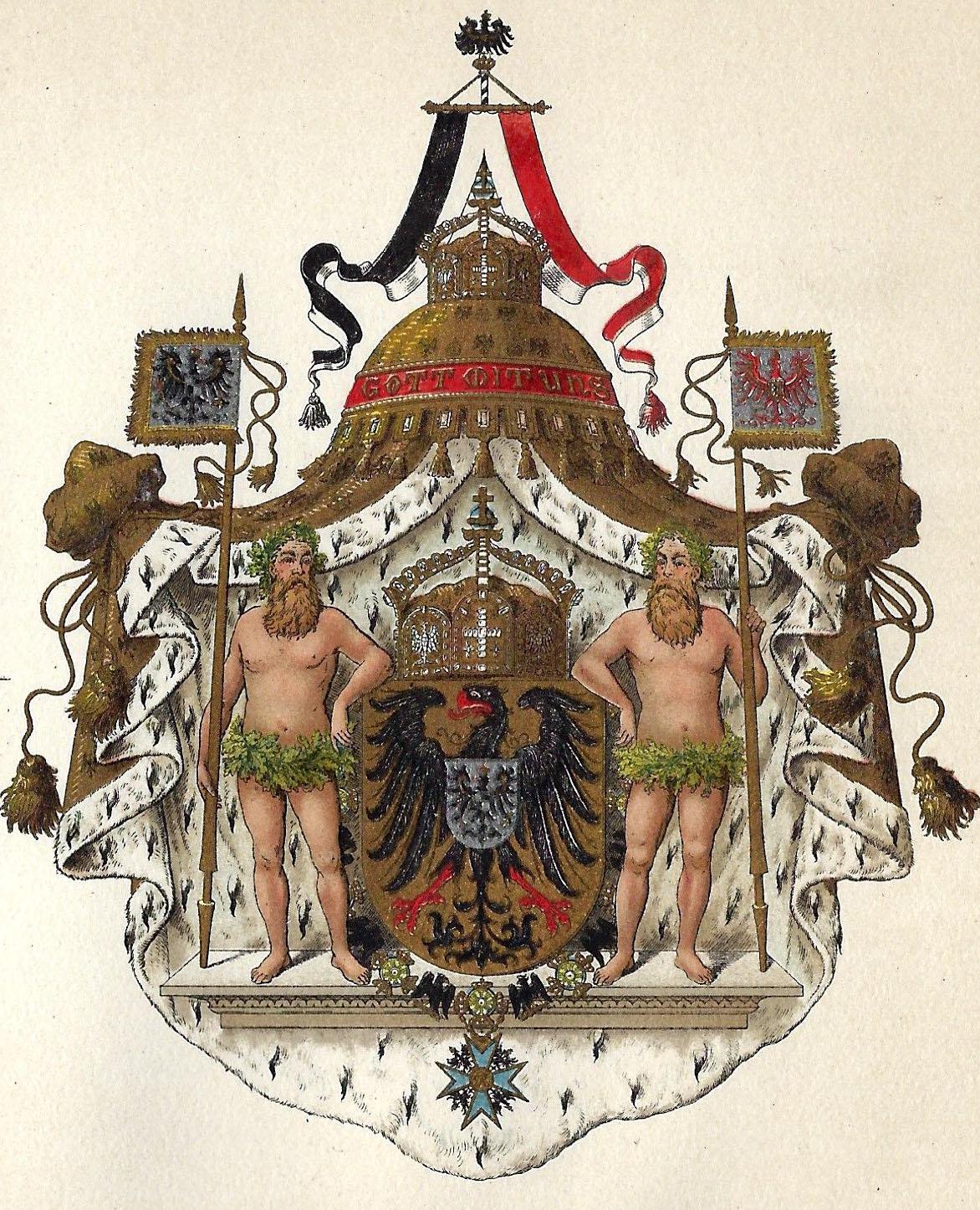 1903年、ドイツのアンティーク版画。帝国の紋章と紋章の盾