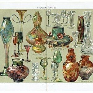This antique German chromolithograph (color lithograph) features antique glassware designs, showcasing various art nouveau decorative glass items. Printed in Leipzig, Germany in 1903 for Meyers Konverstions-Lexikon. Decorative print home decor