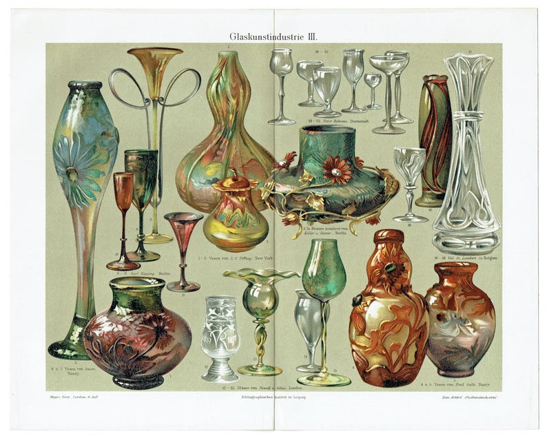 This antique German chromolithograph (color lithograph) features antique glassware designs, showcasing various art nouveau decorative glass items. Printed in Leipzig, Germany in 1903 for Meyers Konverstions-Lexikon. Decorative print home decor