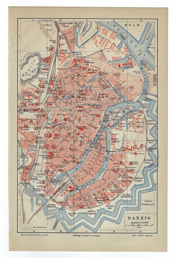 1903年ダンツィヒ市地図、ポーランド・グダニスク地図、アンティーク