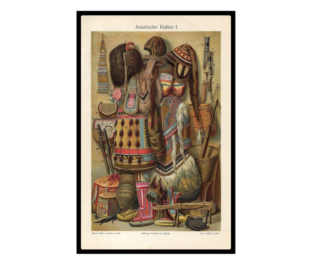 1903 Antique Lithograph of ASIAN CULTURE. Asian Tribal Art. Art From ...