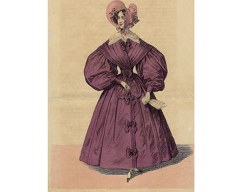 1835 MODA DE VIENA, Impresión vintage, litografía antigua de moda, estampa original femenina, moda de mujer , coloreado a mano.