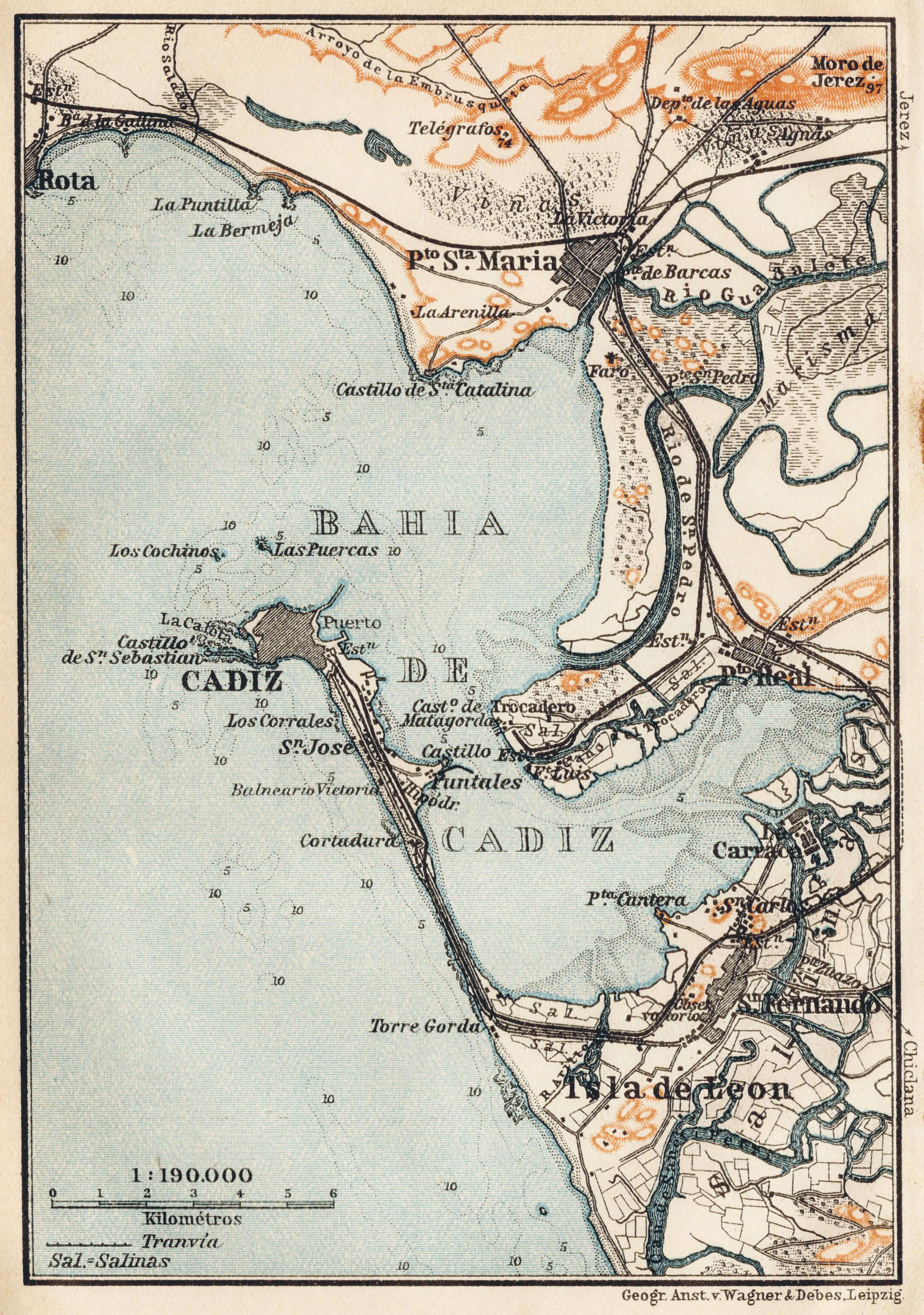 1913年 - ヴィンテージ カディス地図 アンティーク カディス湾プリント